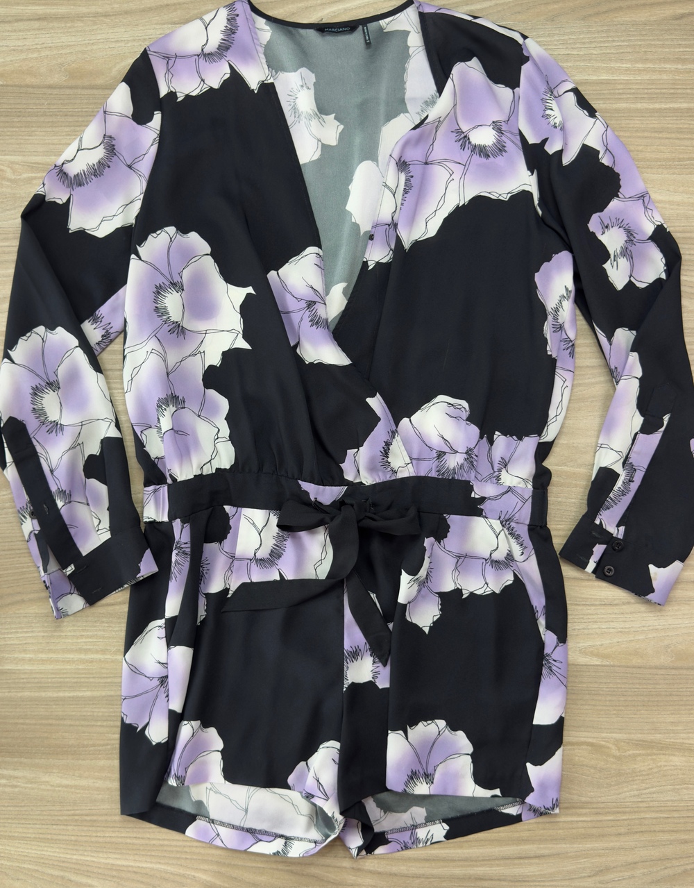 Marciano Women's Black Purple Floral Long Sleeve Wrap Romper Jumpsuit Size 10